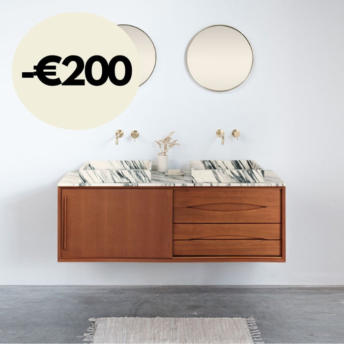 Badmöbel Bill Teak - Blau Weiß Marmor Waschbecken/Waschtischplatte