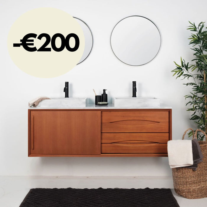 Retro Badezimmermöbel Bill Teak – Weißer Marmor – Waschbecken mit Hahnloch