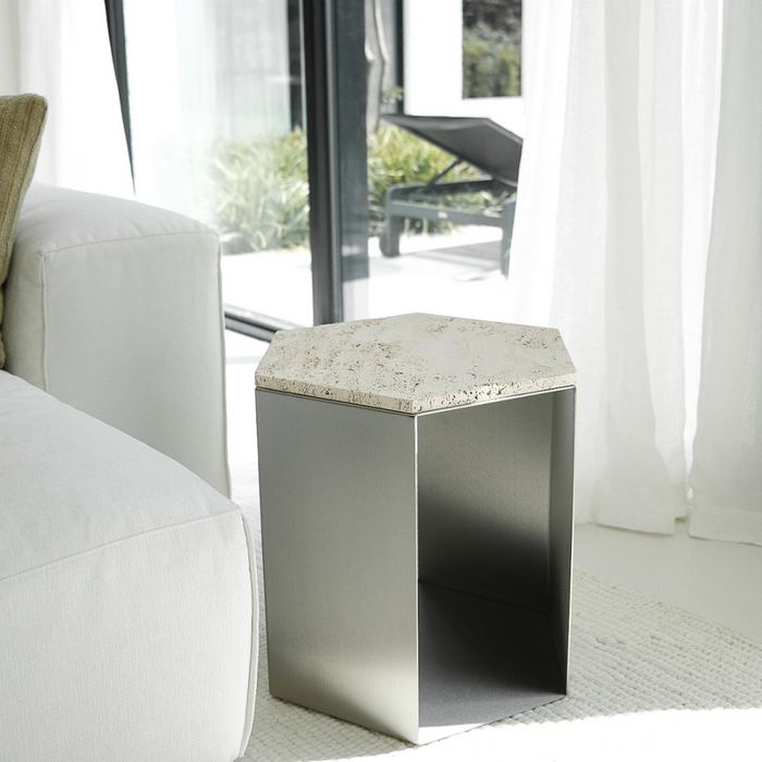 Travertijn Salontafel Stainless steel – Hexagon - Travertijn top