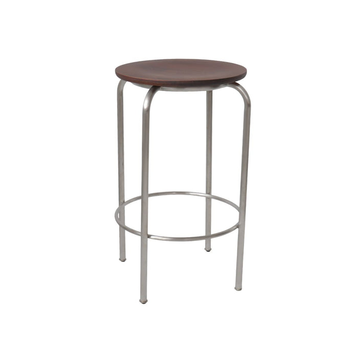 Barhocker Astor D43,8 H65 - gebürsteter Stahl - Holzsitz in dunklem Nussbaumholz