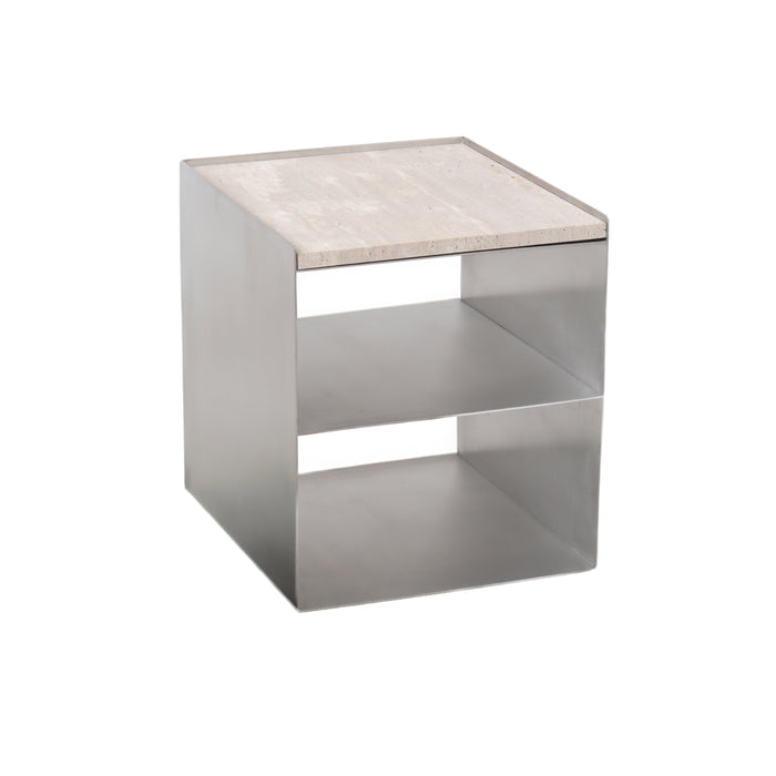 Table basse Sofia B43 D38 H43.3 - Acier brossé - Plateau Travertin Blanc - Bord droit