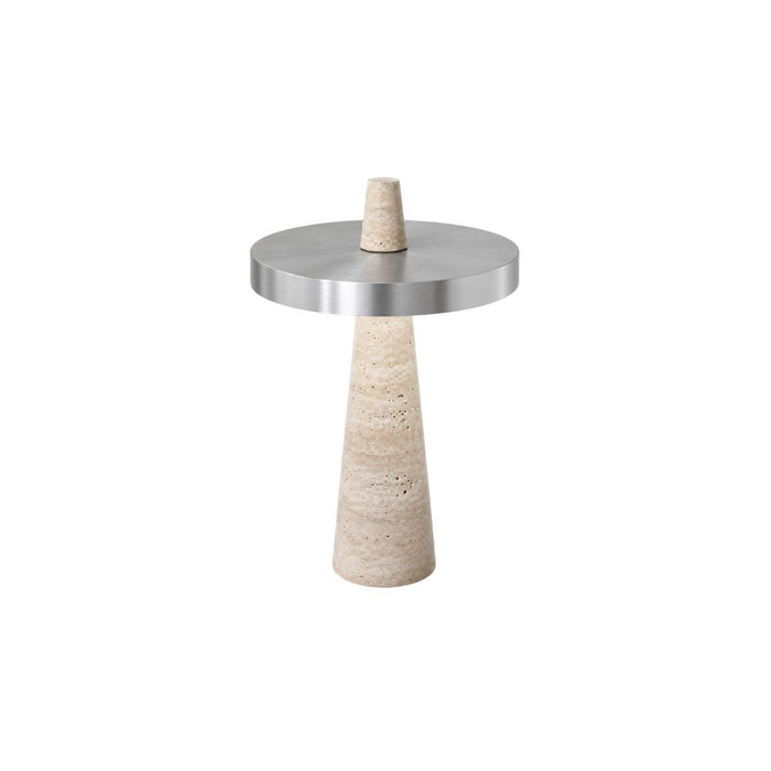 Table lamp Figeac D22 H32 – Brushed steel shade with white travertine base