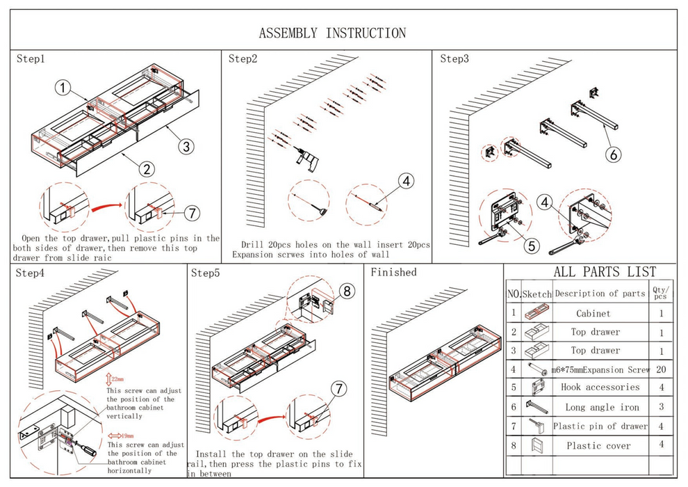 Bathroom cabinet Loudun with double sink - Blue White Marble - 210 cm