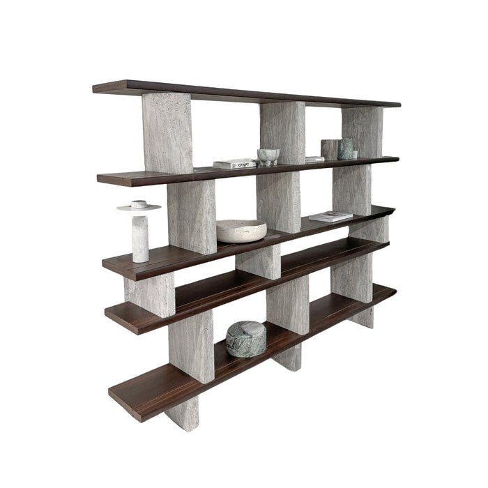 Wall rack Merpins - smoke wood - Gray travertine pillars - 240 cm