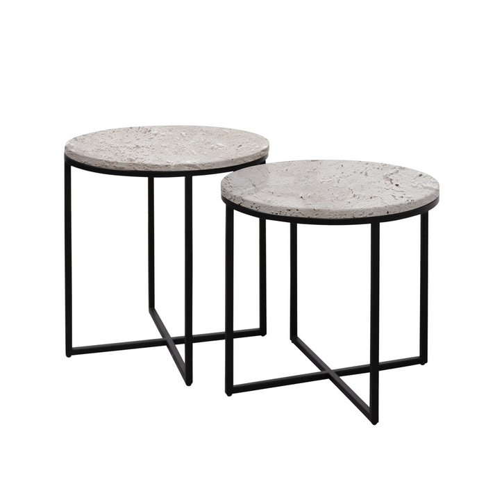 Rosie side table - White sandstone - Travertine - matt black legs - Small - 50x45