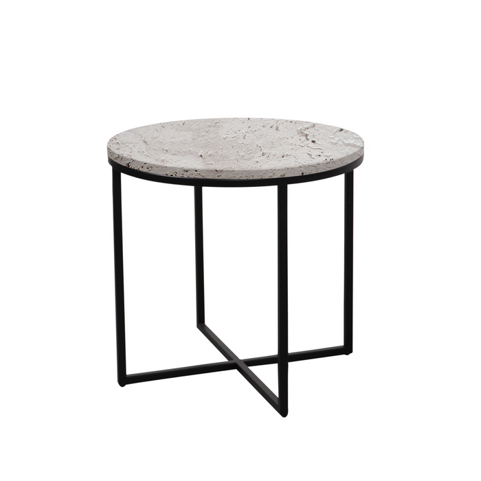 Rosie side table - White sandstone - Travertine - matt black legs - Small - 50x45