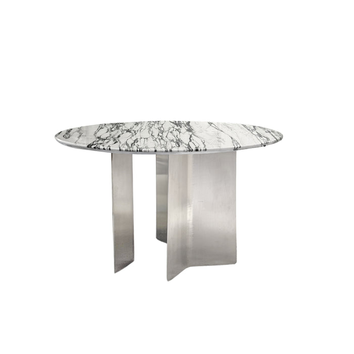 Table à manger Tronget - Fond acier brossé - marbre blanc bleu - 130 cm