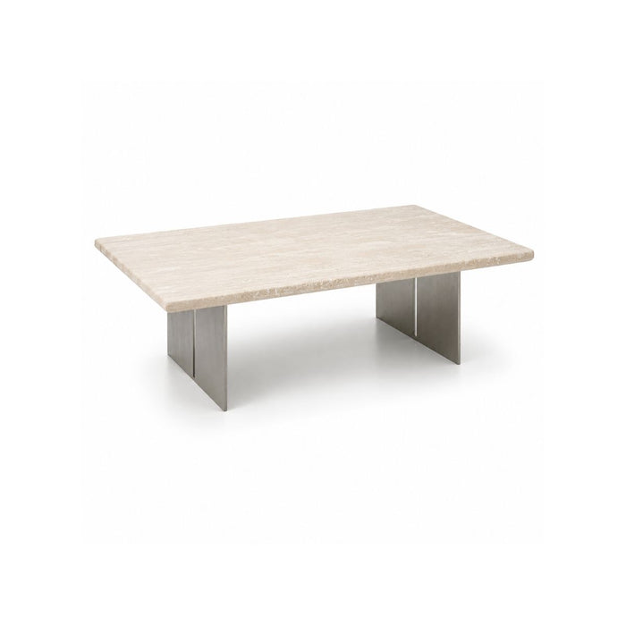 Table basse Riva - L120 P85 H35 - Pied en acier brossé - Plateau en travertin blanc - Rebouché - Finition satinée