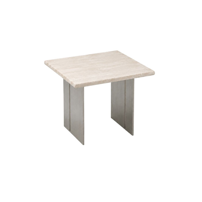 Table d'appoint Riva L55 P55 H45 - Pied en acier brossé - Plateau en travertin blanc - Finition satinée