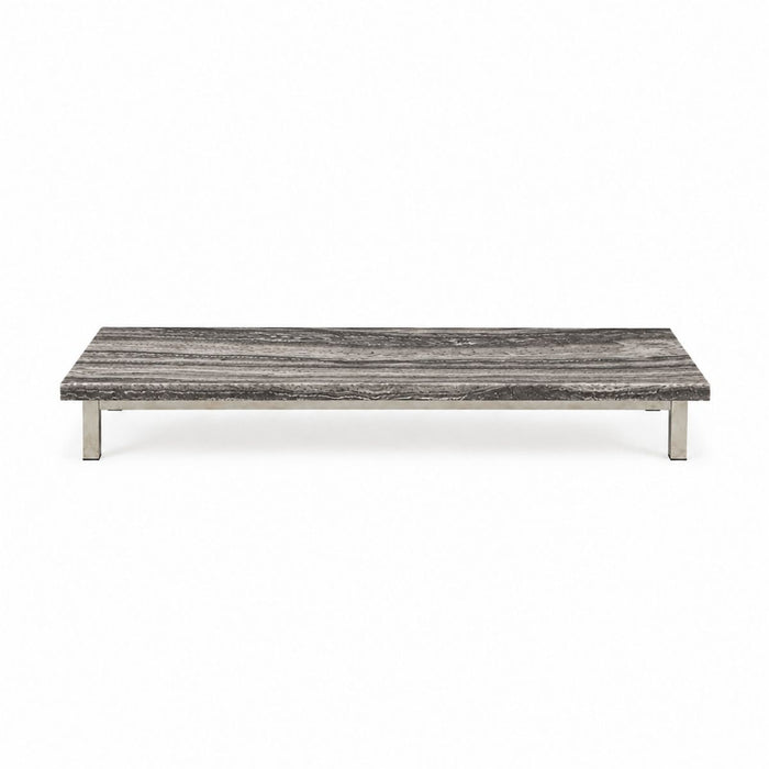 Table basse Marais L168 P71 H20 - Pieds brossés - Travertin gris argenté - Bord droit - Rebouché - Finition satinée