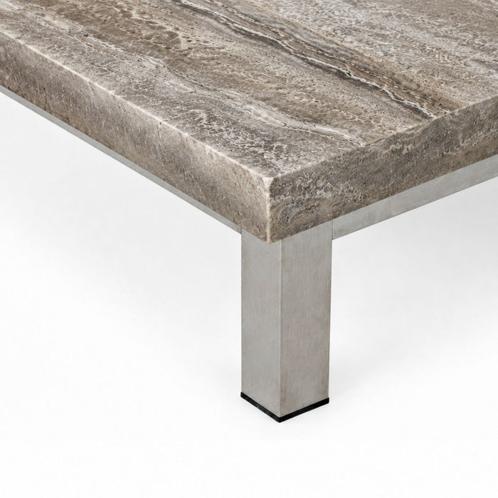 Table basse Marais L168 P71 H20 - Pieds brossés - Travertin gris argenté - Bord droit - Rebouché - Finition satinée