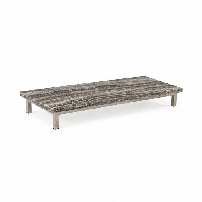 Table basse Marais L168 P71 H20 - Pieds brossés - Travertin gris argenté - Bord droit - Rebouché - Finition satinée