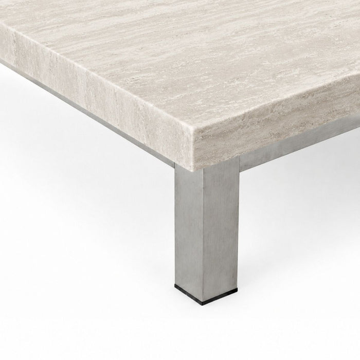 Table basse Marais - L80 P80 H20 - Pieds en acier brossé - Plateau en travertin blanc - Bord droit - Plateau de 5 cm (copie)