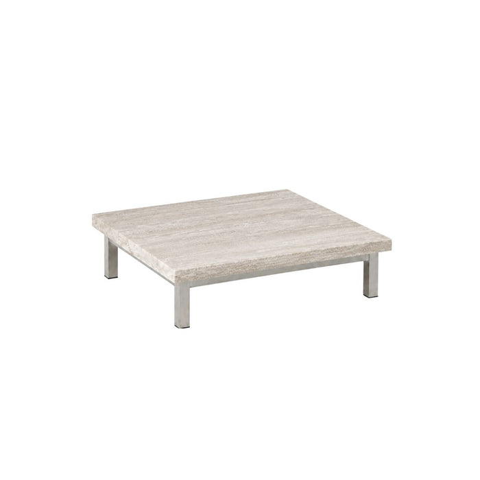 Table basse Marais - L80 P80 H20 - Pieds en acier brossé - Plateau en travertin blanc - Bord droit - Plateau de 5 cm (copie)
