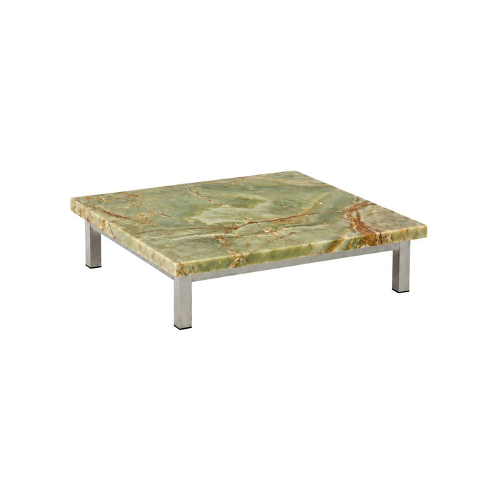Salontafel Marais - B80 D80 H20 - Geborsteld stalen poten - Groen onyx tafelblad - Rechte rand - Tafelblad 5 cm