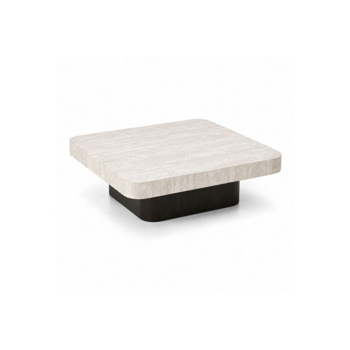 Puro coffee table W80 D80 H25 - Smoke base - White travertine tabletop - Double straight edge
