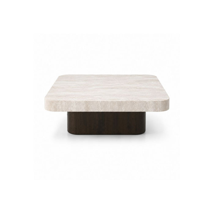Puro coffee table W80 D80 H25 - Smoke base - White travertine tabletop - Double straight edge