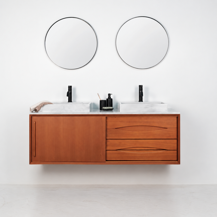Mueble de baño retro Bill Teca - Mármol Blanco - Lavabo con orificio para grifería
