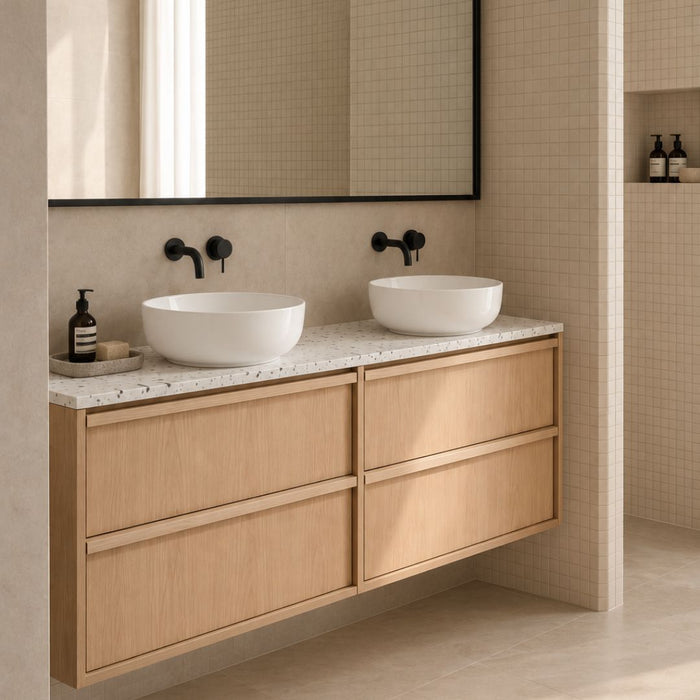 Mueble de baño Roble Fien - Alexis II - Placa superior de terrazo blanco - 150 cm
