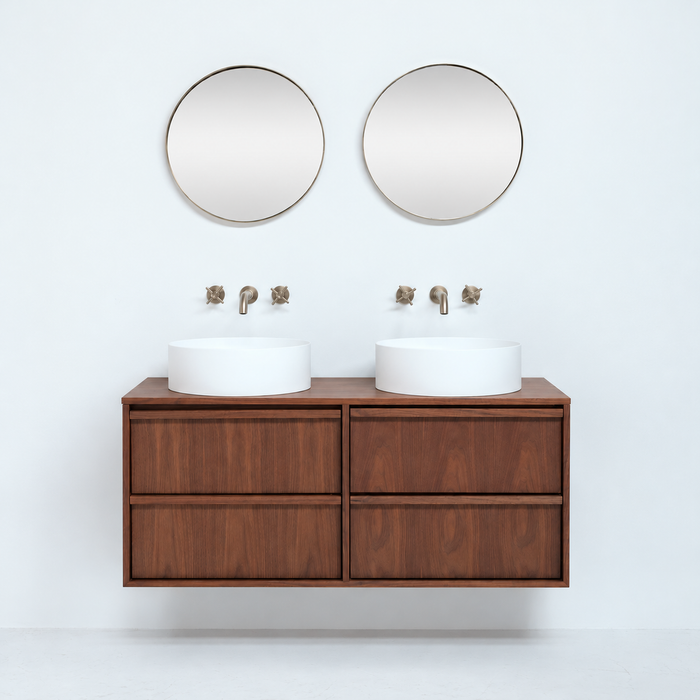 Fien walnut bathroom vanity with Sims solid surface basins 120 cm