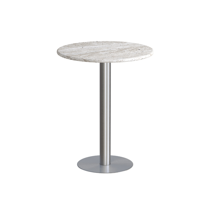 Erik round bar table W60 D60 H75 – Brushed steel base – White Travertine tabletop