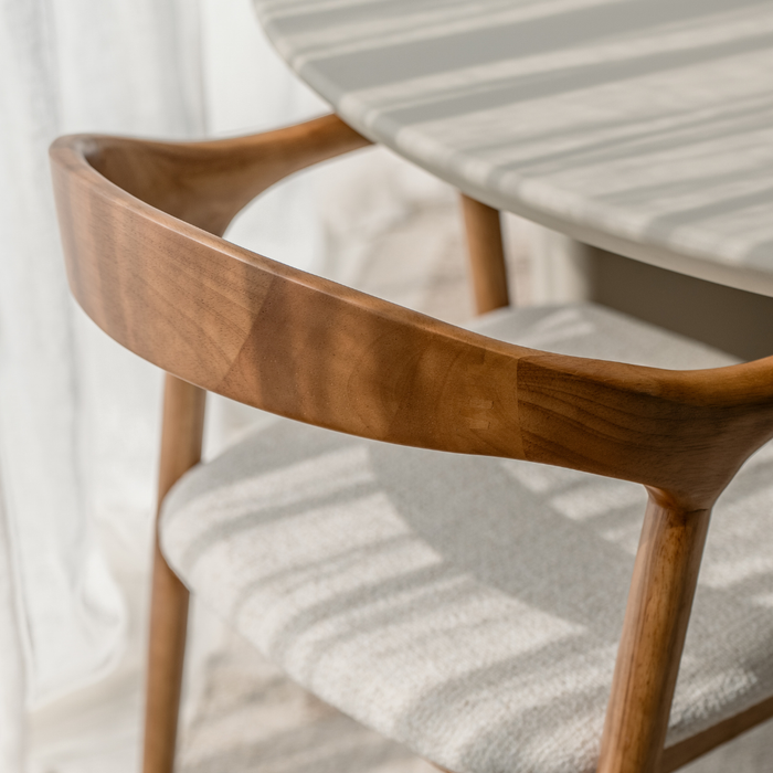 Silla de comedor - Nogal claro - Muret - Asiento de tejido bouclé color marfil