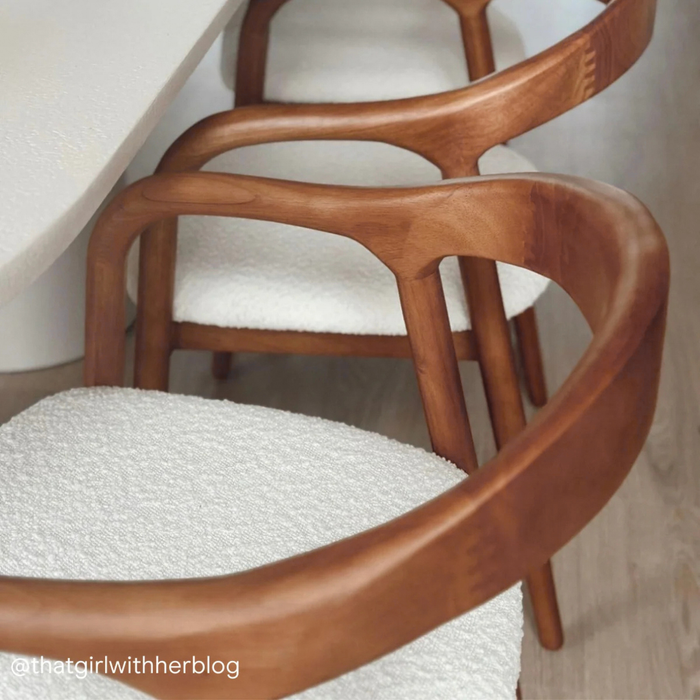 Silla de comedor - Nogal claro - Muret - Asiento de tejido bouclé color marfil