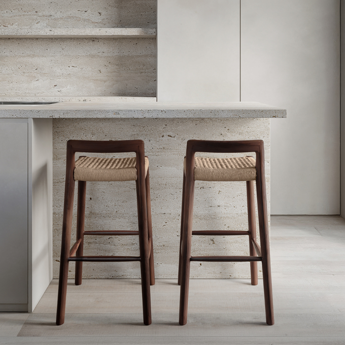 Taburete Nulla - Altura de asiento 65 cm - Acacia nogal - Asiento tejido